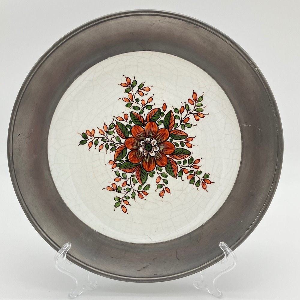 R. Costa Bassano Italy Hand Painted Vintage Pewter Rim Ceramic Floral Plate 9.5"